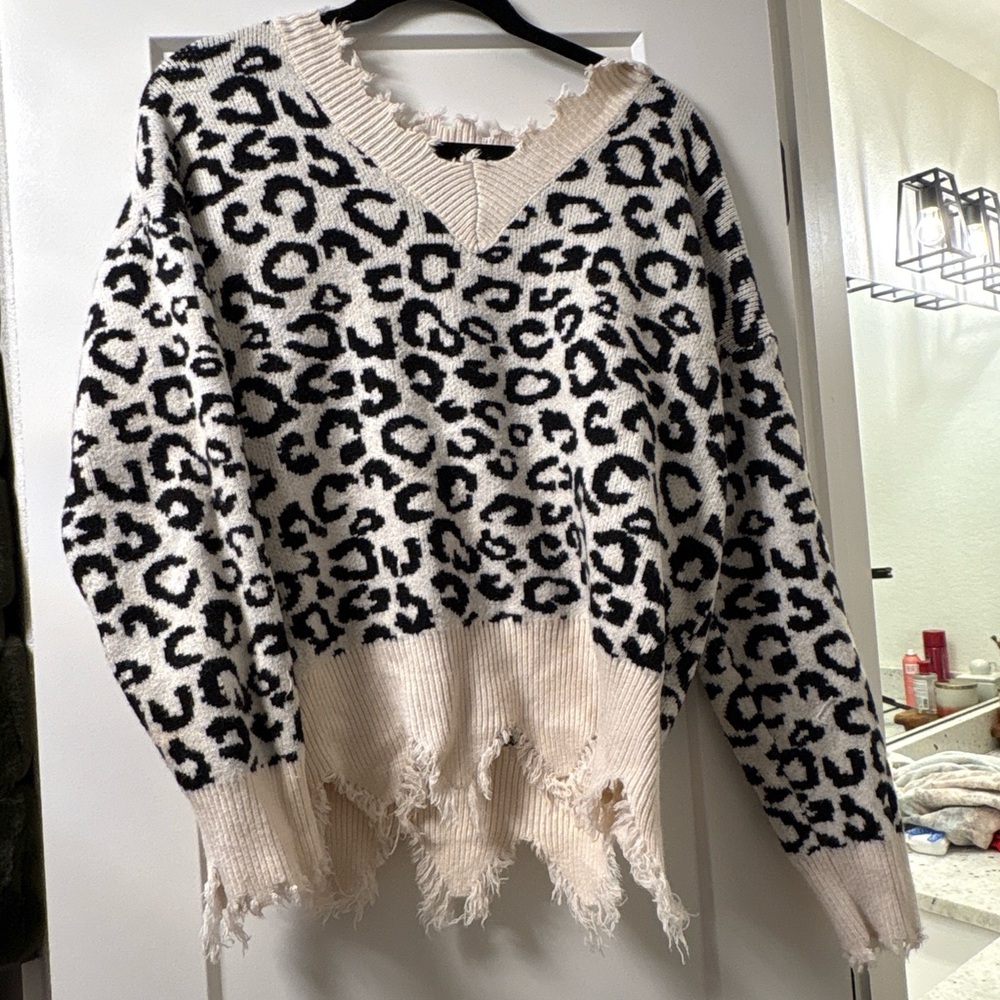 Leopard Print Distressed Sweater - Black and Cream